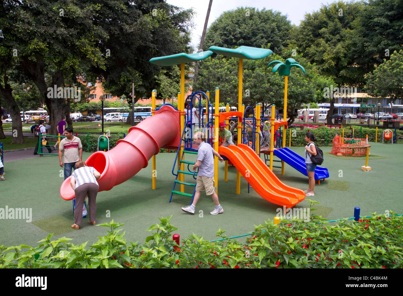 Playground equipment in Central Park of the Miraflores district of Lima, Peru. Stock Photo