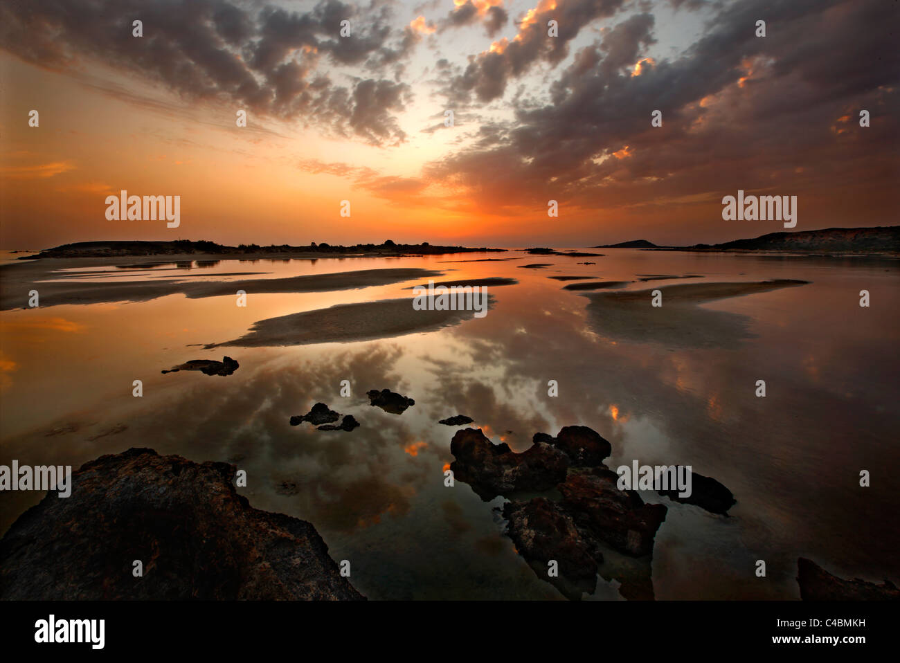 Sunset at Elafonissos (or 'Elafonissi') beach, Chania Prefecture, Crete, Greece Stock Photo