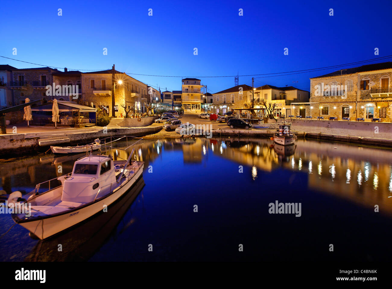Partial view of the small harbor of Aghios Nikolaos (or "Selinitsa") village in Western ("Messinian") Mani, Peloponnese, Greece Stock Photo