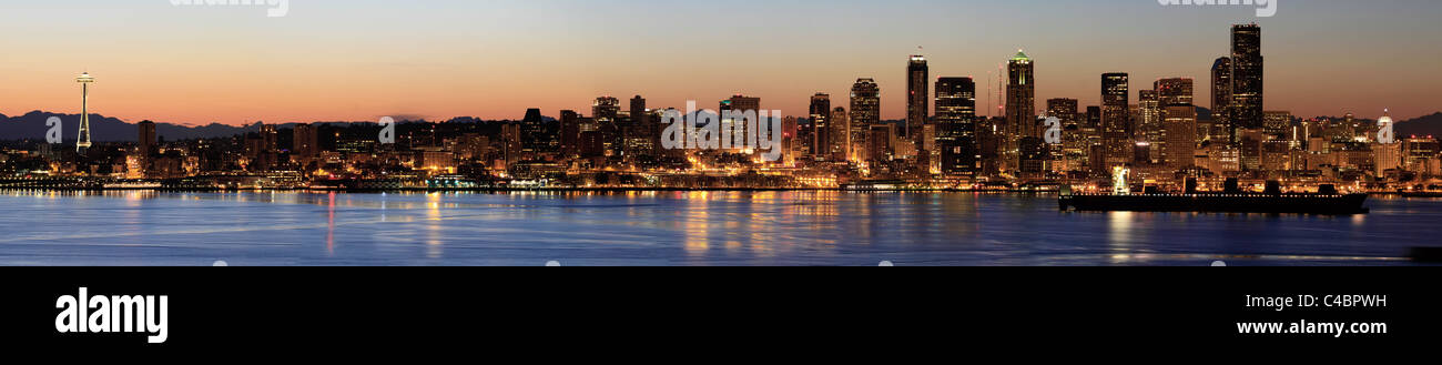 Seattle Downtown Skyline at Dawn along Puget Sound Panorama Stock Photo