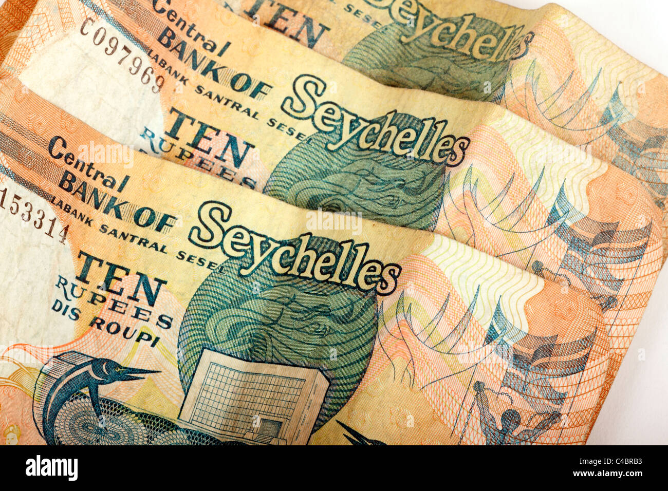 Ten rupee notes from the Seychelles Stock Photo