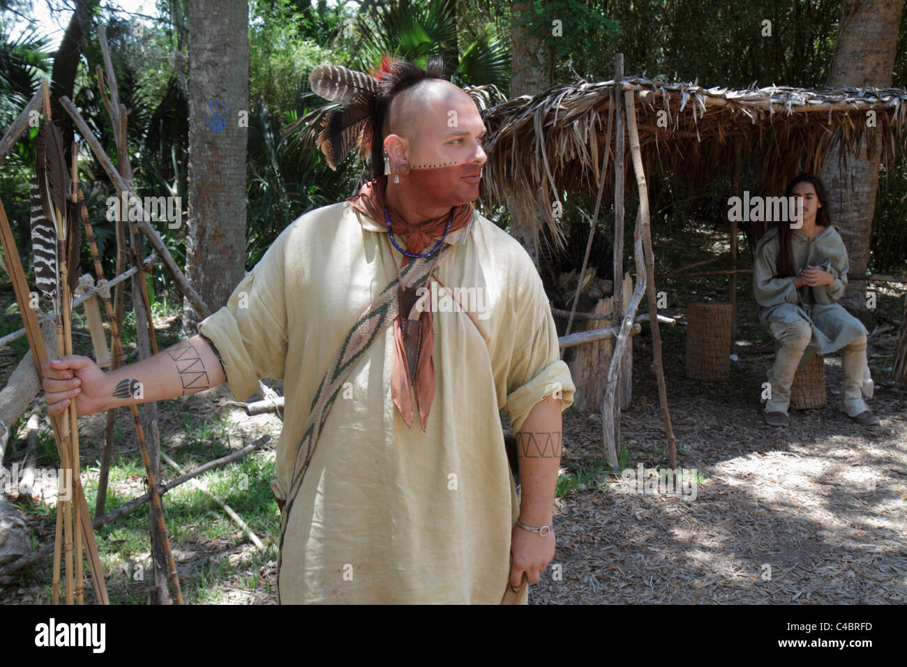 St. Saint Augustine Florida,Fountain of Youth Archaeological Park,Village of Seloy,Native American Indian,Indian indigenous peoples,regalia,costume,ex Stock Photo