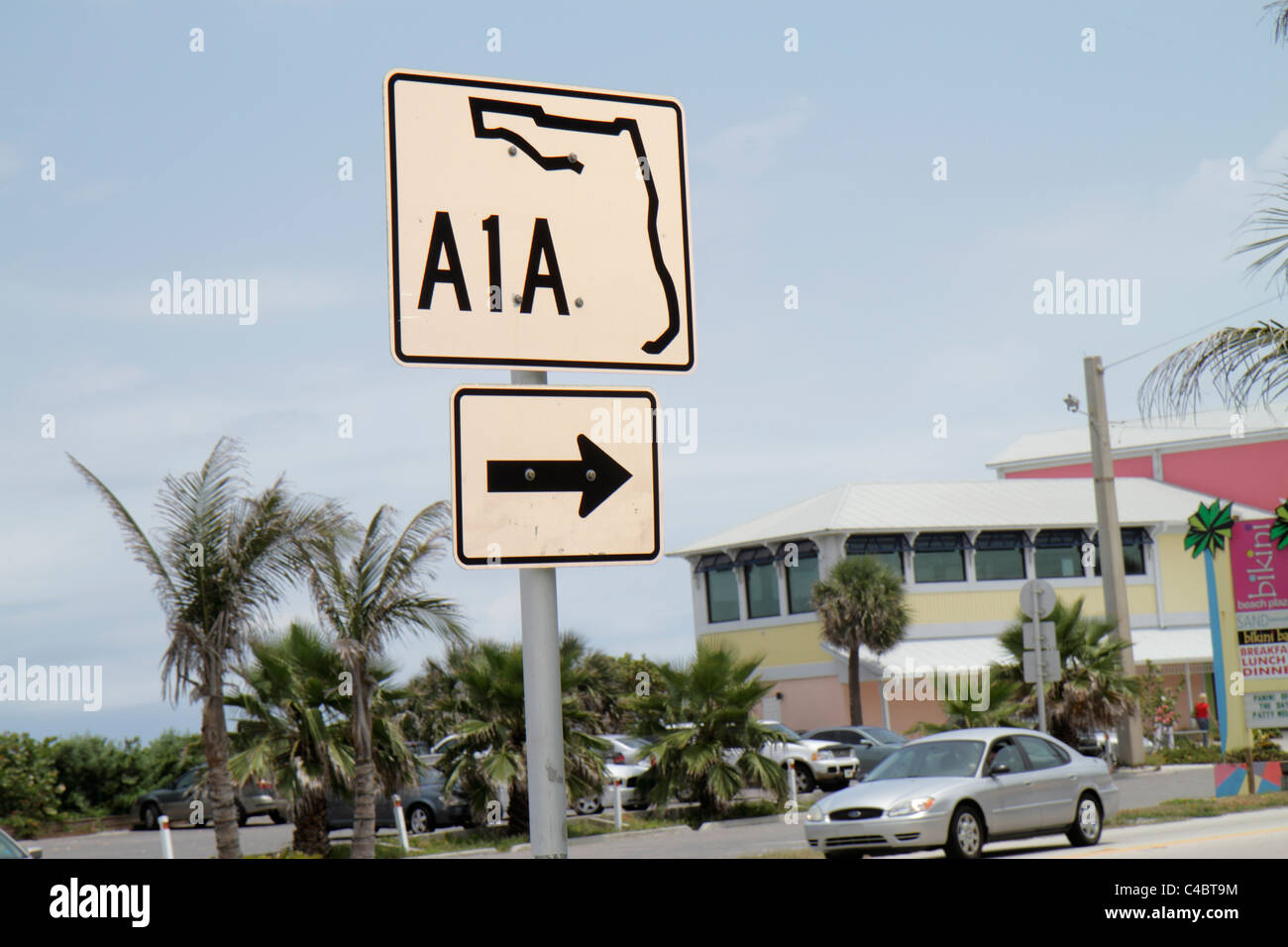 Melbourne Beach Florida,State Highway A1A,sign,logo,visitors travel traveling tour tourist tourism landmark landmarks culture cultural,vacation group Stock Photo