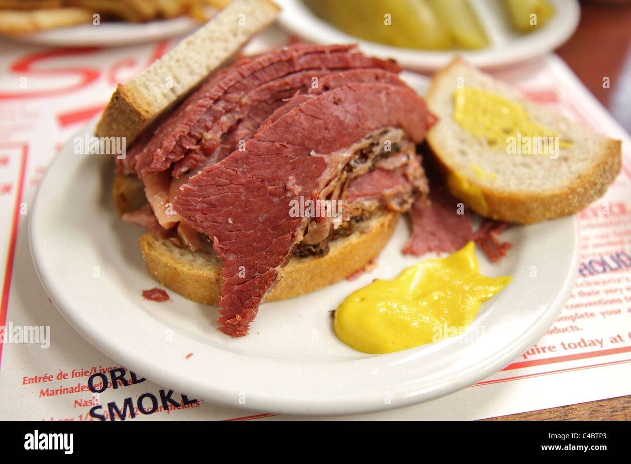 A smoked meat sandwich at Schwartz's in Montreal, a Hebrew Delicatessan that opened in 1928 Stock Photo