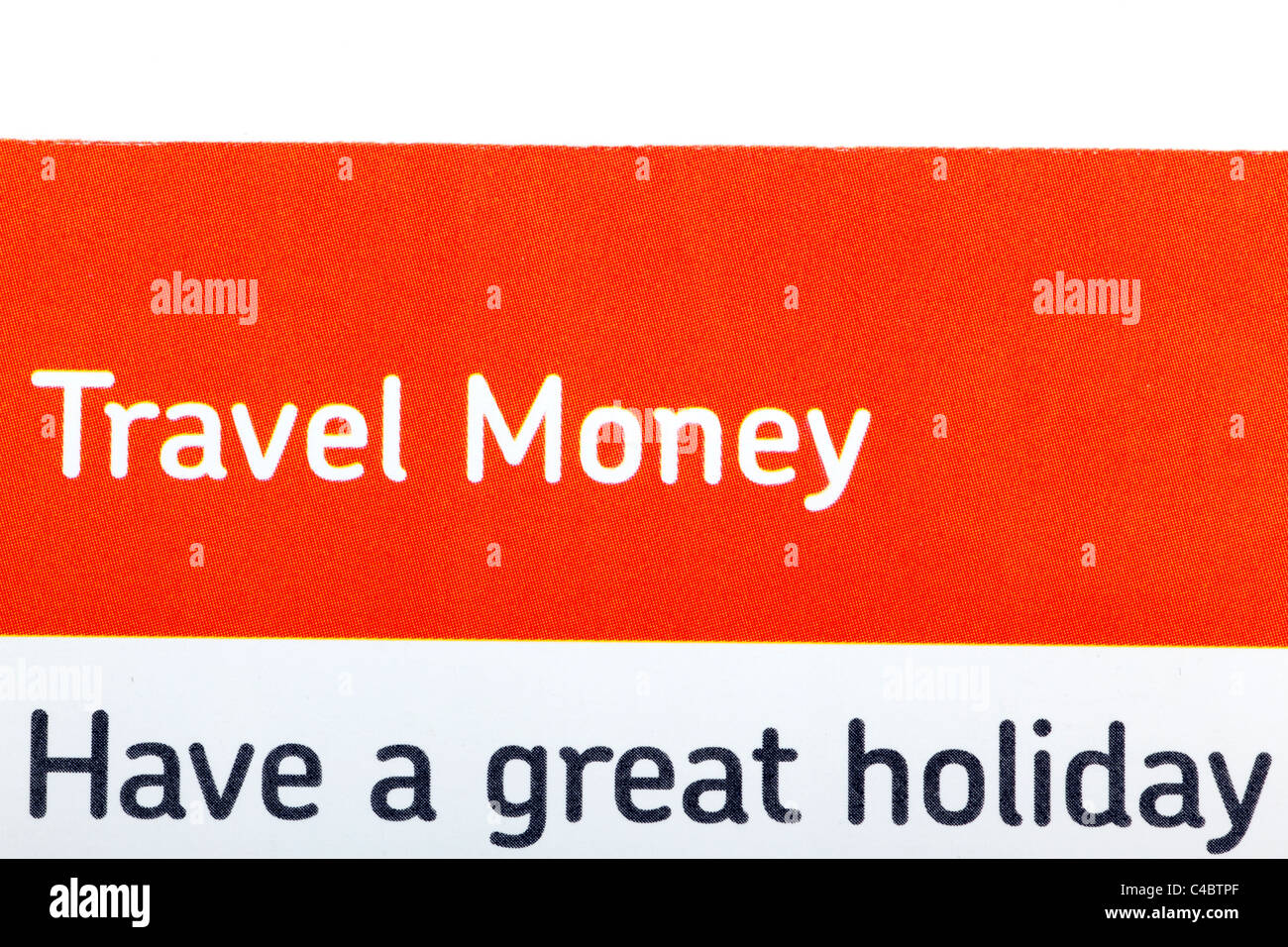Travel money sign in orange with white writing Stock Photo