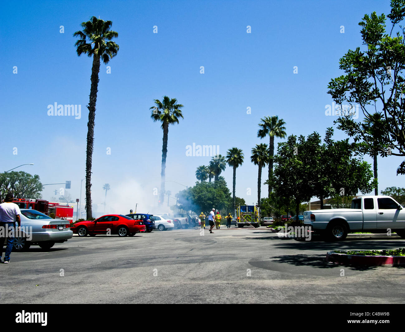 Firefighters working on an SUV fire in Oxnard California Stock Photo