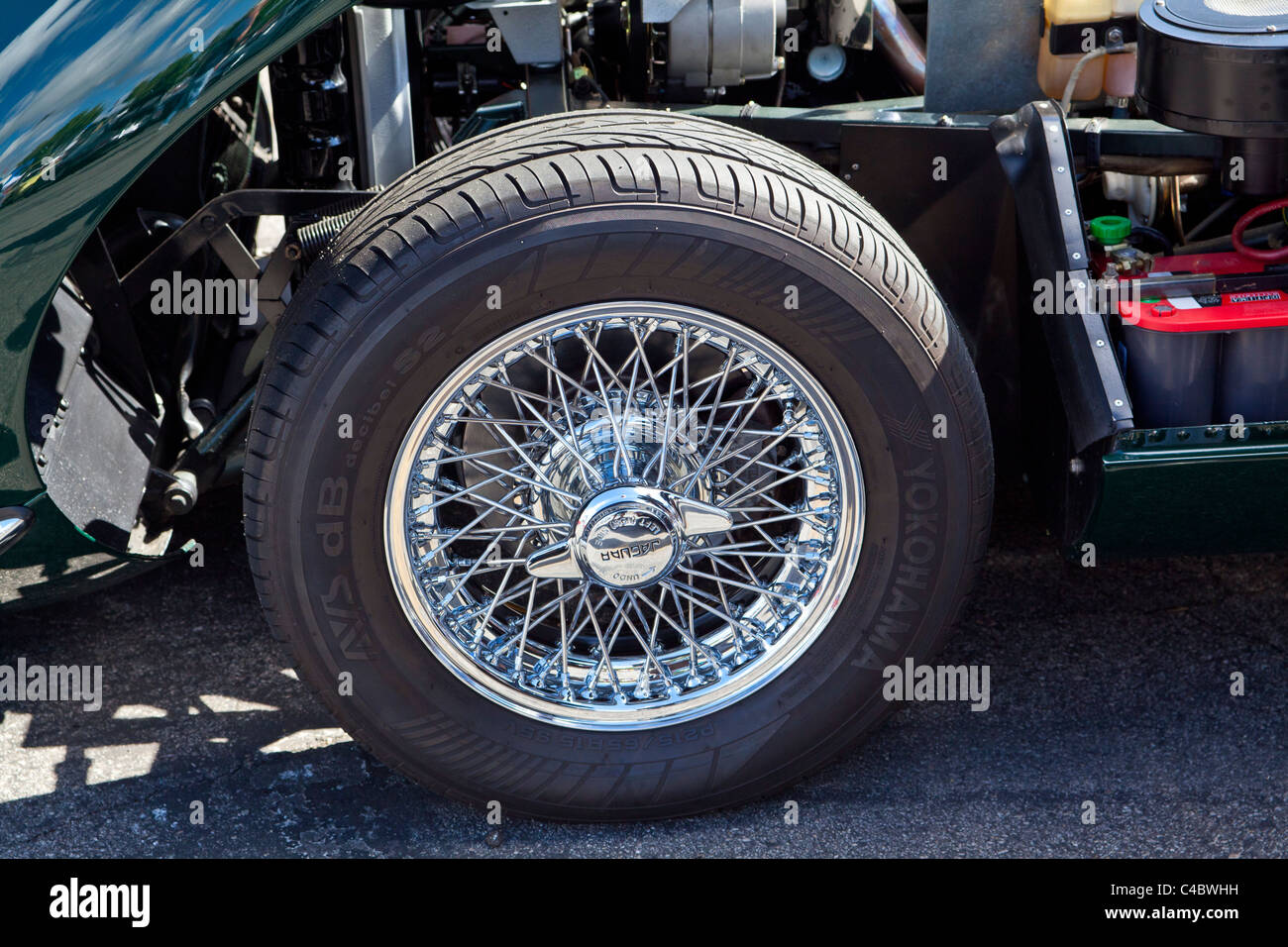 A wire wheel on a restored Jaguar XKE Stock Photo