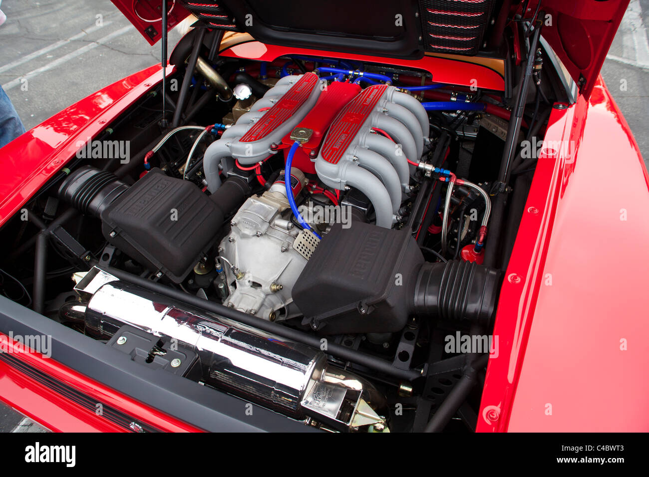 The engine bay of a Ferrari Testarossa Stock Photo