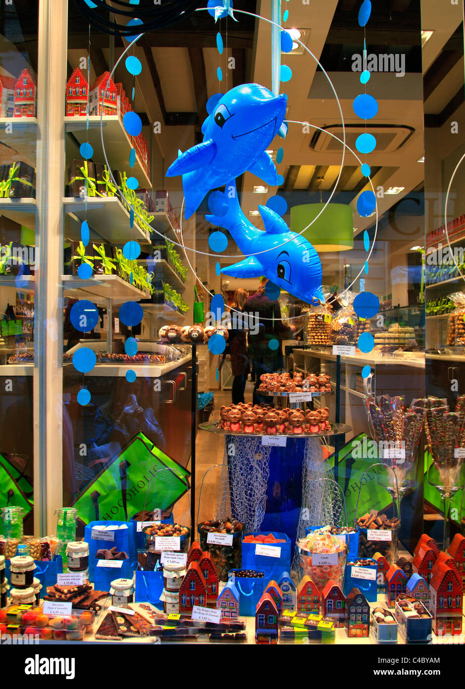 Chocolate shop window display in Bruges Stock Photo
