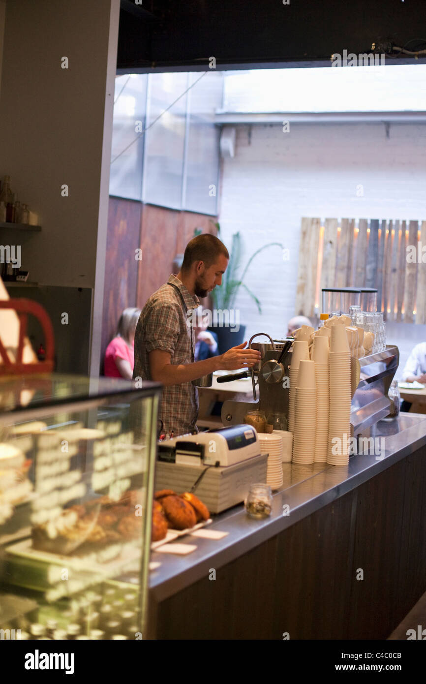 Barista at Cafe Zekka on King Street. Perth, Western Australia, Australia Stock Photo