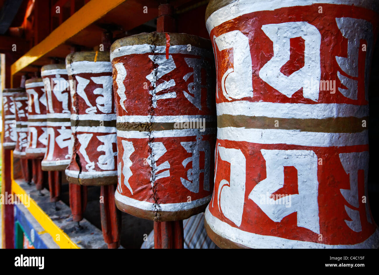 India - Sikkim - the Buddhist Labrang Monastery - prayer wheels Stock Photo