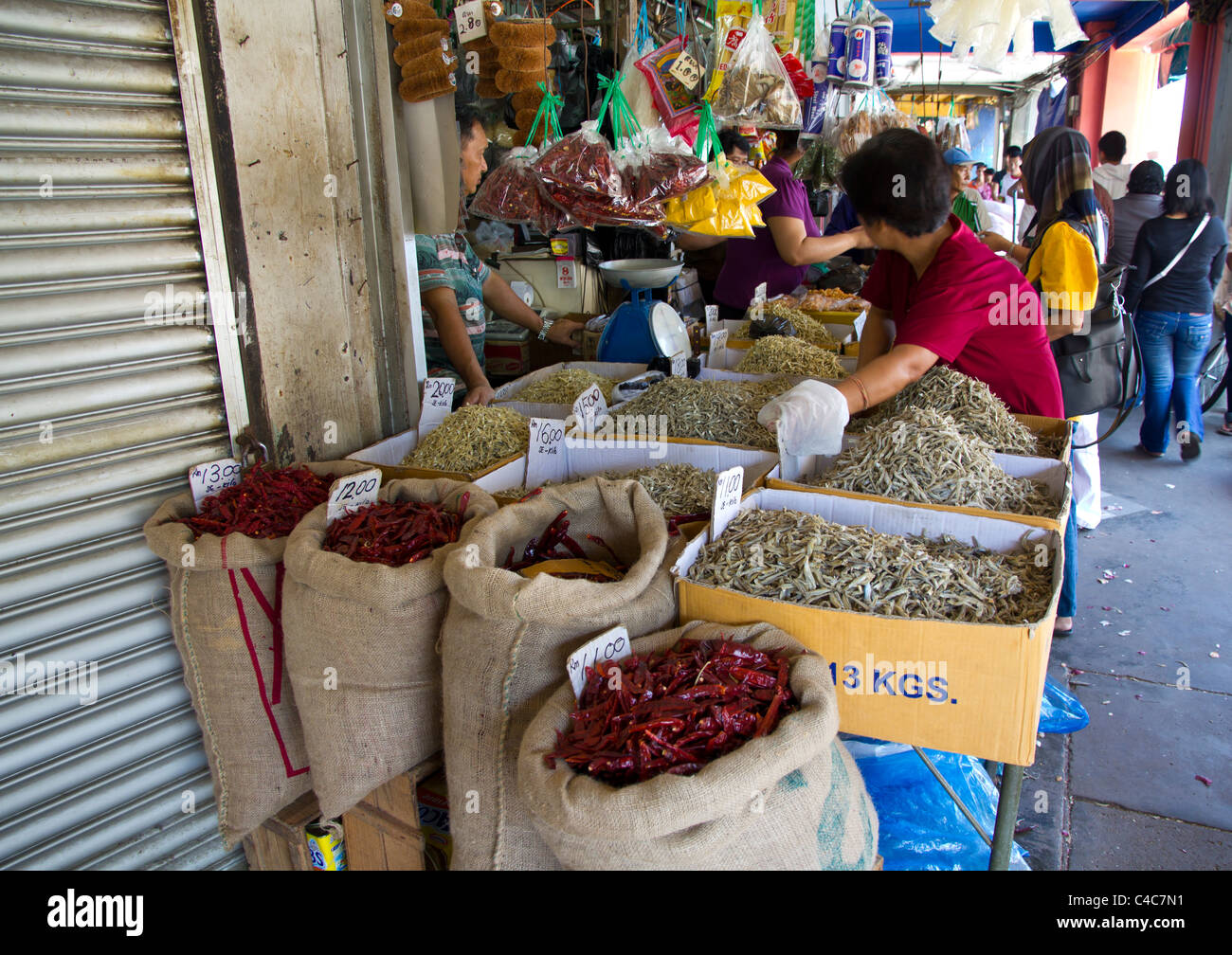 Market stall on Carpenter Street, Kuching, Borneo, Malaysia Stock Photo