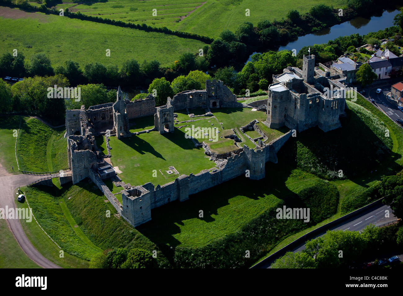 Aerial view of Warkworth Castle and Warkworth Castle, Northumberland