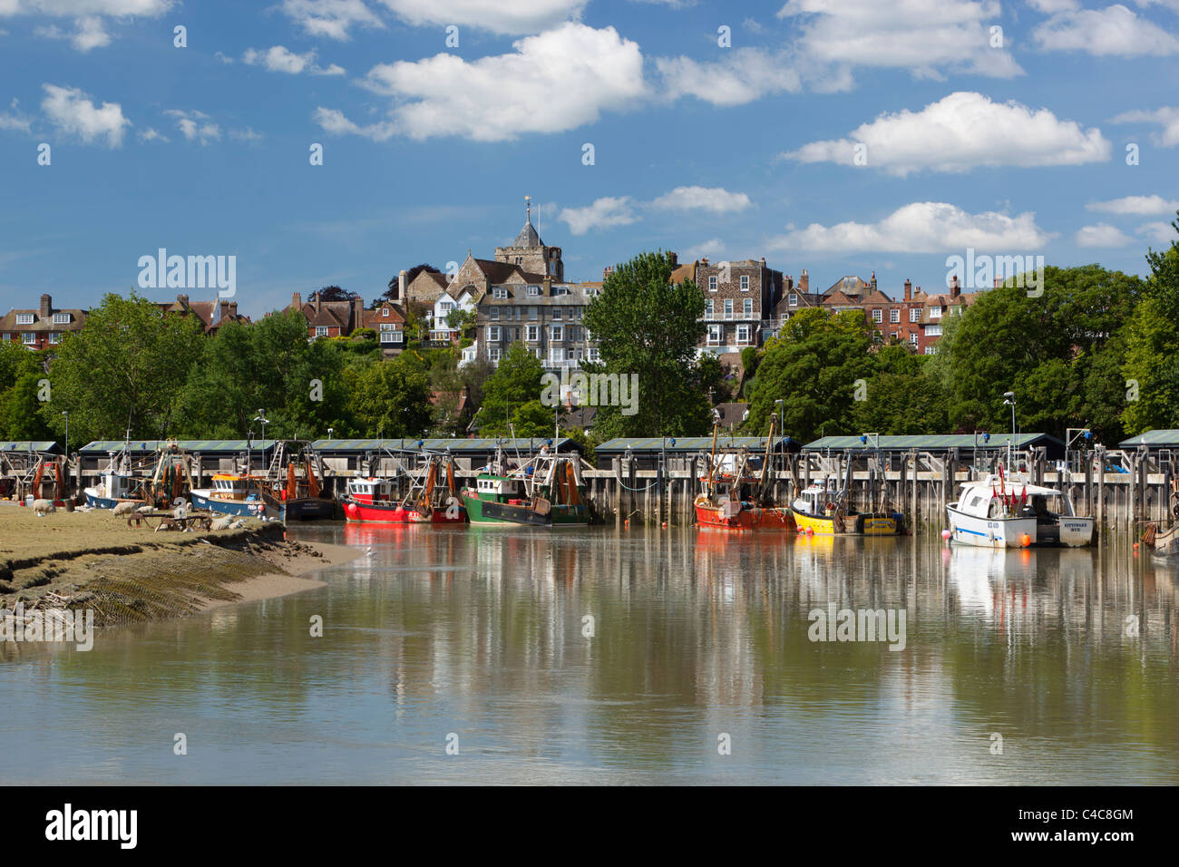 Fishing harbour on River Rother and old town of Rye Stock Photo