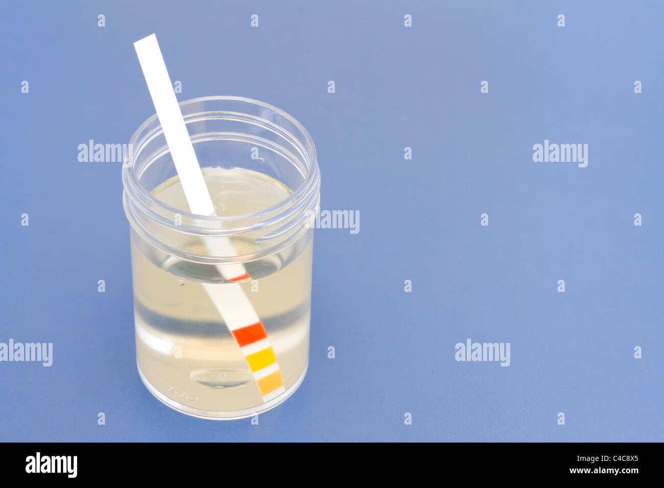 Test strip in plastic jar on blue background Stock Photo