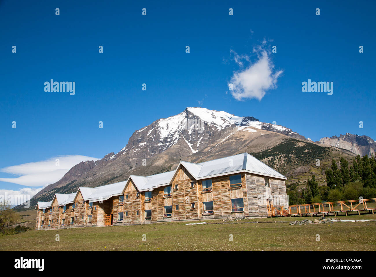 Hosteria las Torres, a large hotel at the base of the mountain range. Torres del Paine National Park, Chile Stock Photo
