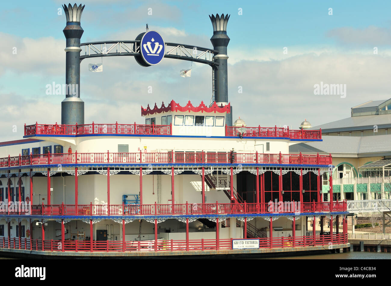 The Grand Victoria riverboat casino anchored in the Fox River. Elgin, Illinois, USA. Stock Photo