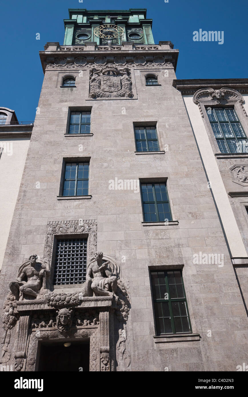 Low angle view of the front tower of the main building of the Technische Universitat, Technical University, in Munich, Germany. Stock Photo