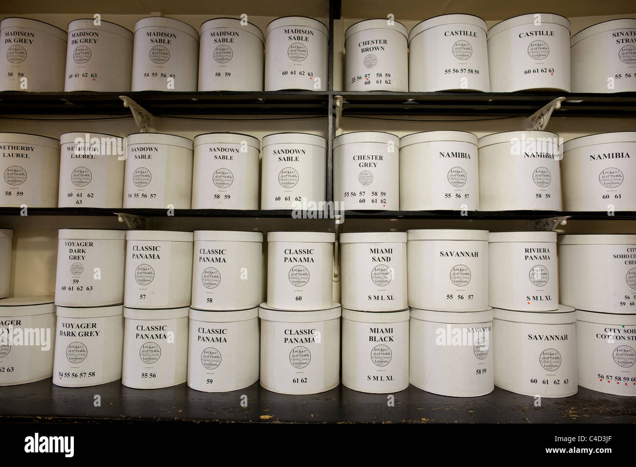 Hat boxes at Lock & Co hatters, St.James's Street, London. PhotoJeff