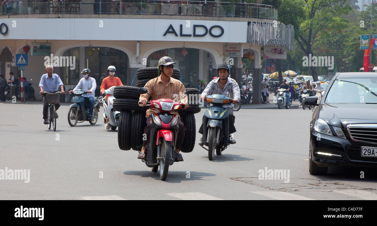 Chaotic travel progress, North Vietnam, small motorbikes are very popular here Stock Photo