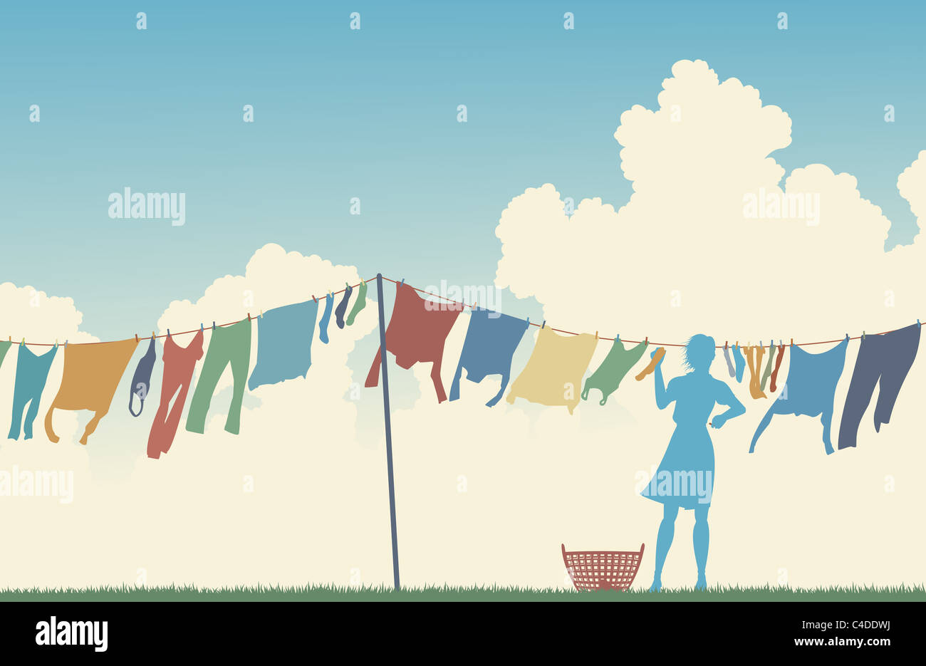 Illustrated silhouette of a woman hanging clothes on a washing line Stock Photo