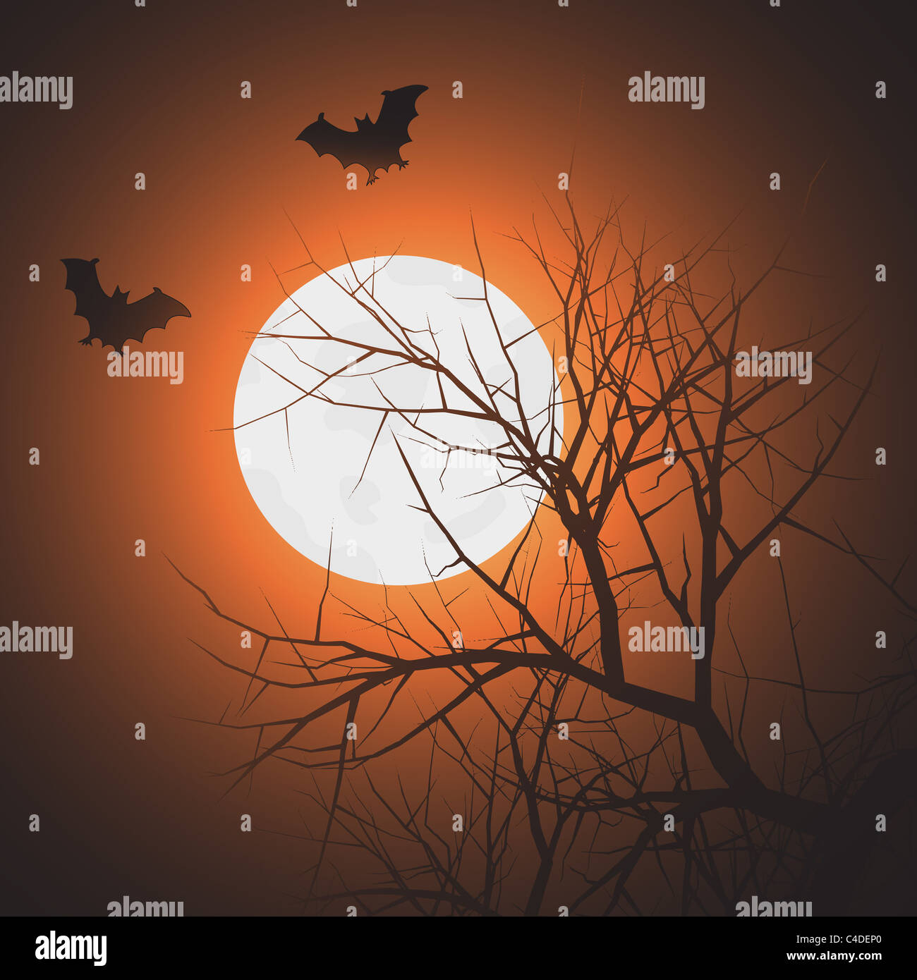 Silhouette of tree and bats in the sky at night time with bright moon ...