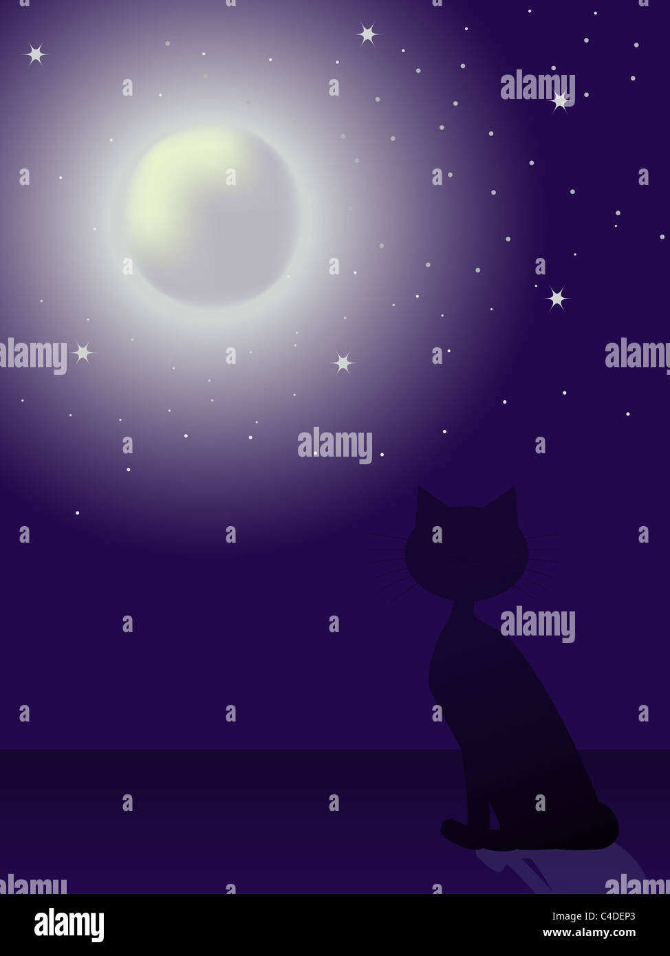 Cat silhouette sitting on a roof and looking at the moon at night time ...