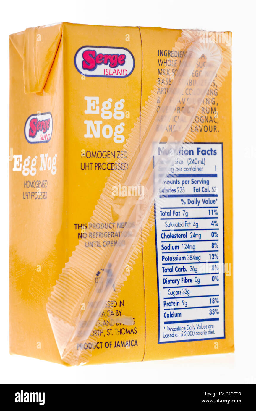 Sealed straw in cellophane on the back of a ready to drink carton of egg nog Stock Photo Alamy