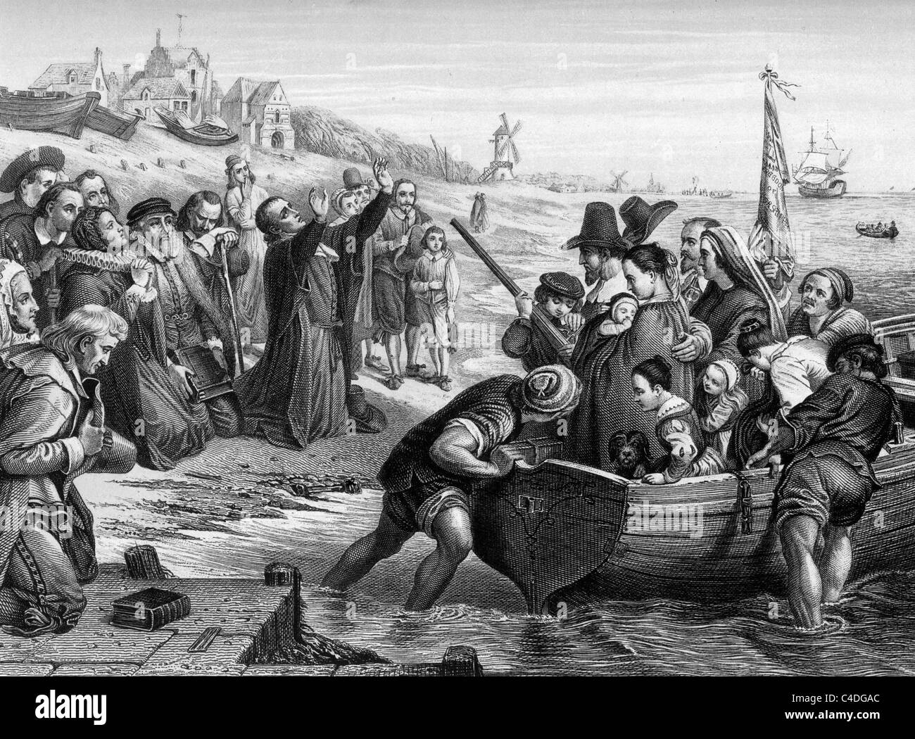 Departure of the Pilgrim Fathers from Delft Haven, July 1620; Black and White Illustration; Stock Photo