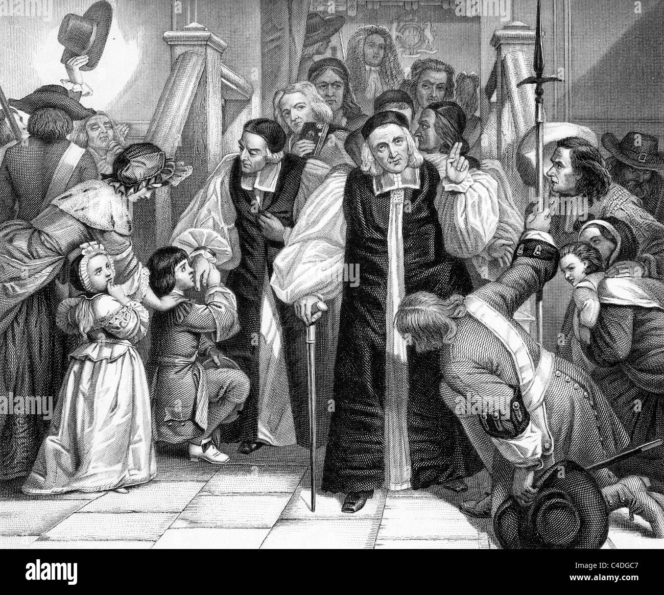 The Release of the Seven Bishops, 1688; Black and White Illustration; Stock Photo