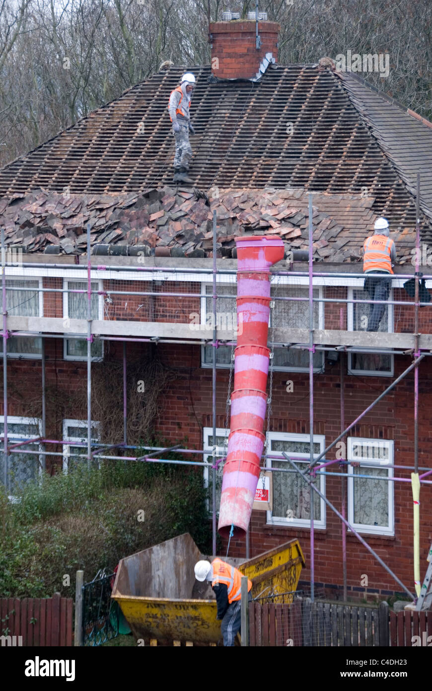 Three Men Roof of House Roof Stripping off Old Tiles, Re Roofing ACIS