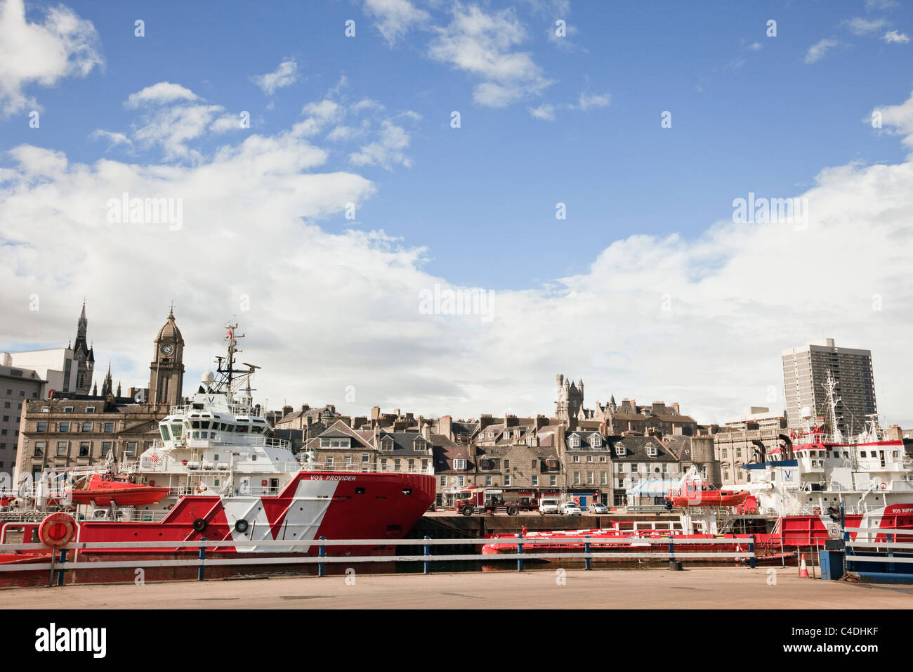 Aberdeen, Aberdeenshire, Scotland, UK, Europe. City centre skyline and waterfront from port with ships in dock Stock Photo