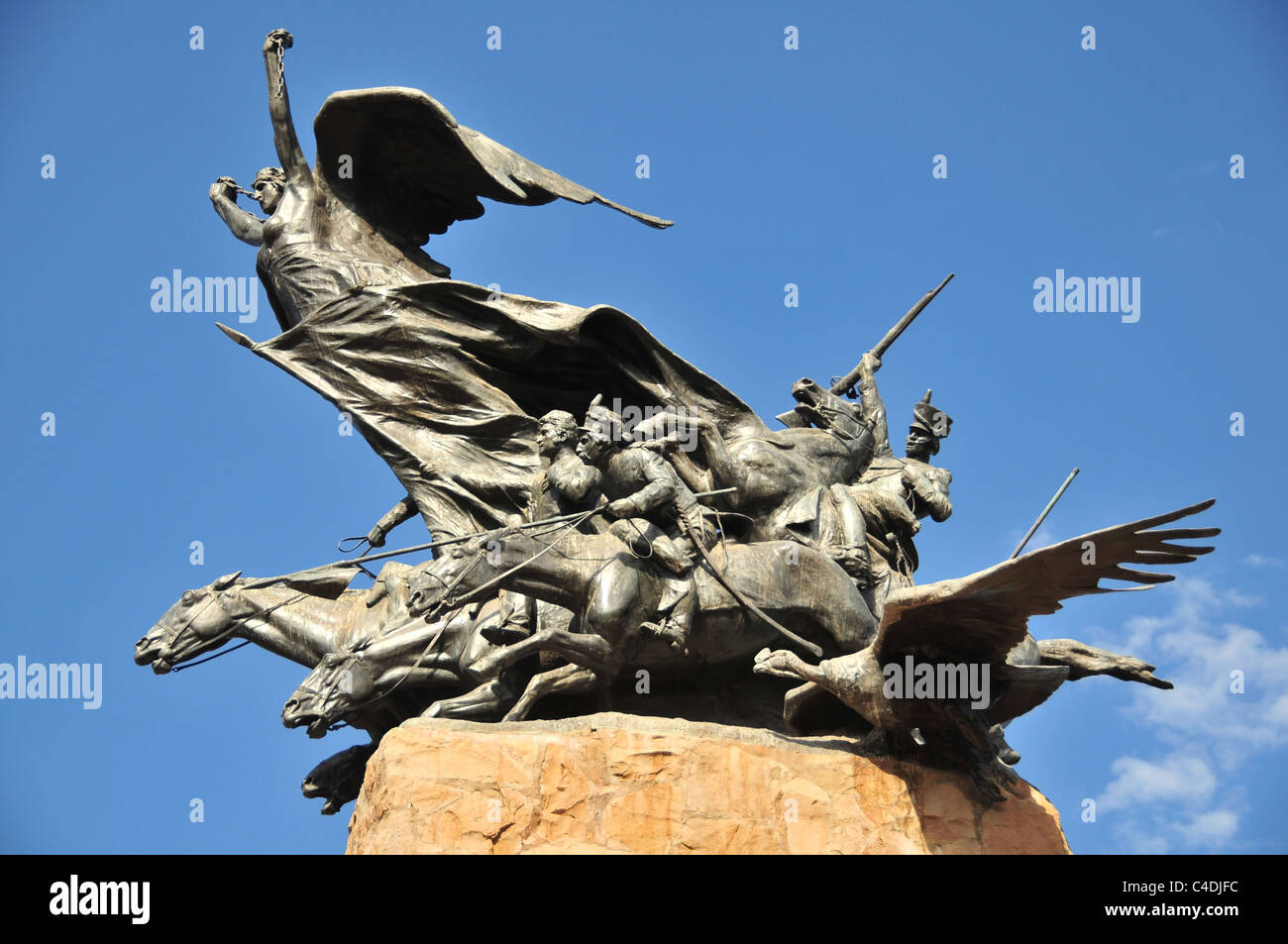 Blue sky profile bronze horse grenadiers, Liberty figure and condor, Army of Andes Monument, Cerro Gloria, Mendoza, Argentina Stock Photo