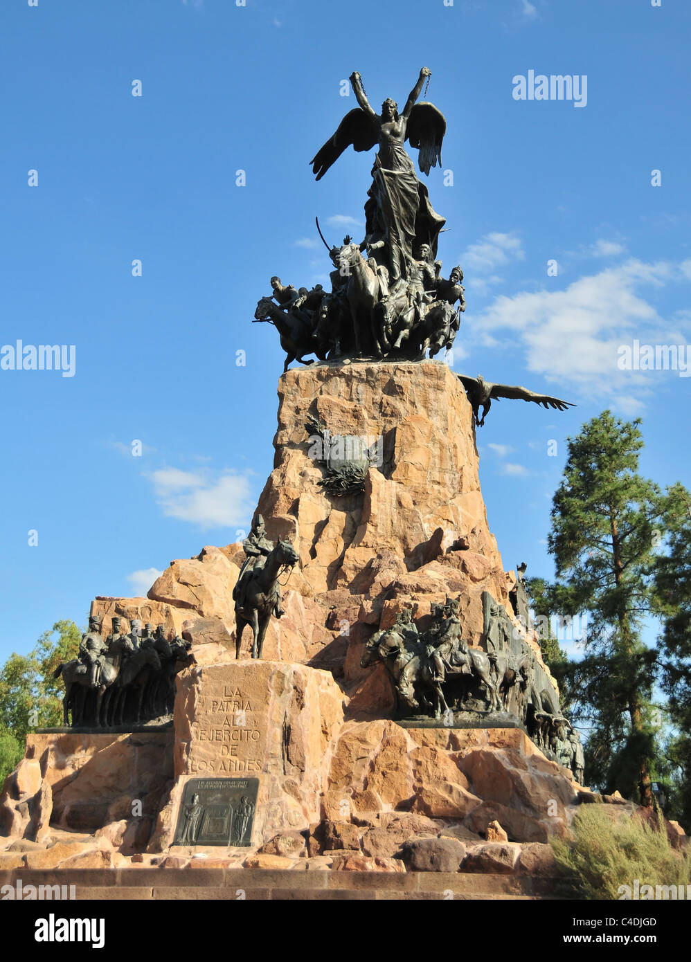 Blue sky Army of Andes Monument (Liberty horse grenadiers equestrian statue General San Martin) Cerro Gloria, Mendoza, Argentina Stock Photo