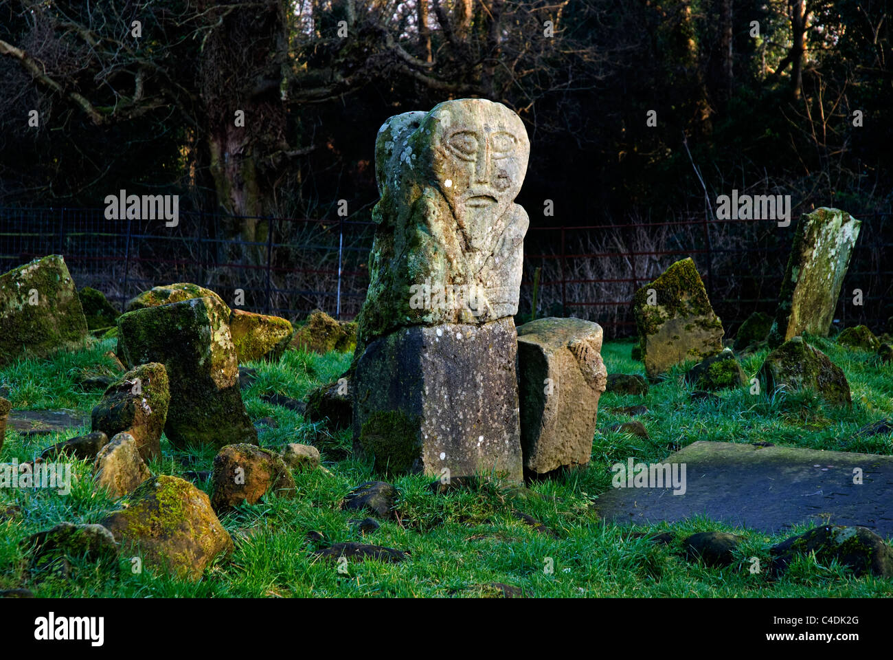 A two faced Celtic figure, Janus Stone, Caldragh graveyard, Boa Island, Lower Lough Erne, County Fermanagh, Northern Ireland Stock Photo