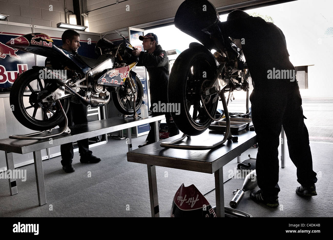 Ajo Moto GP 125 team pit at Air Asia British GP Danny Kent and Jonas Folger riders Stock Photo
