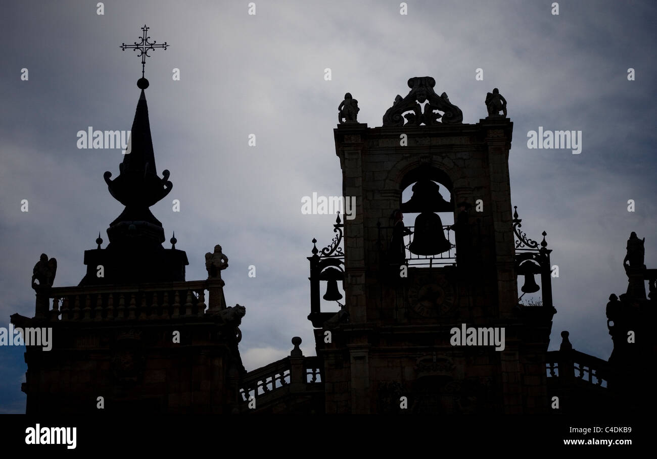 Silhouette of the bell tower of the city hall of Astorga, Spain. Astorga is located in the French way of the Way to Saint James. Stock Photo