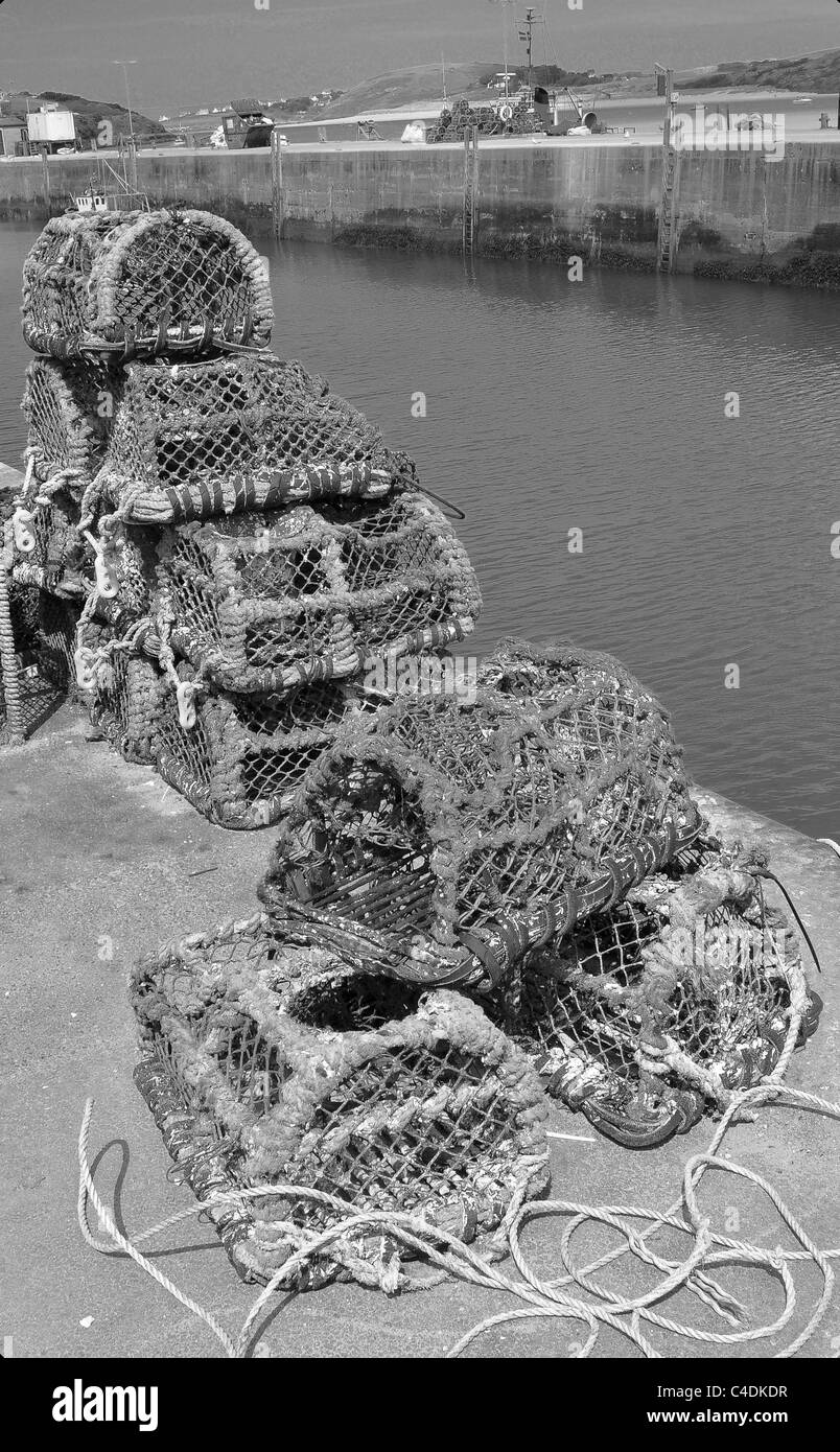 B&W crab boxes in Padstow, Cornwall Stock Photo