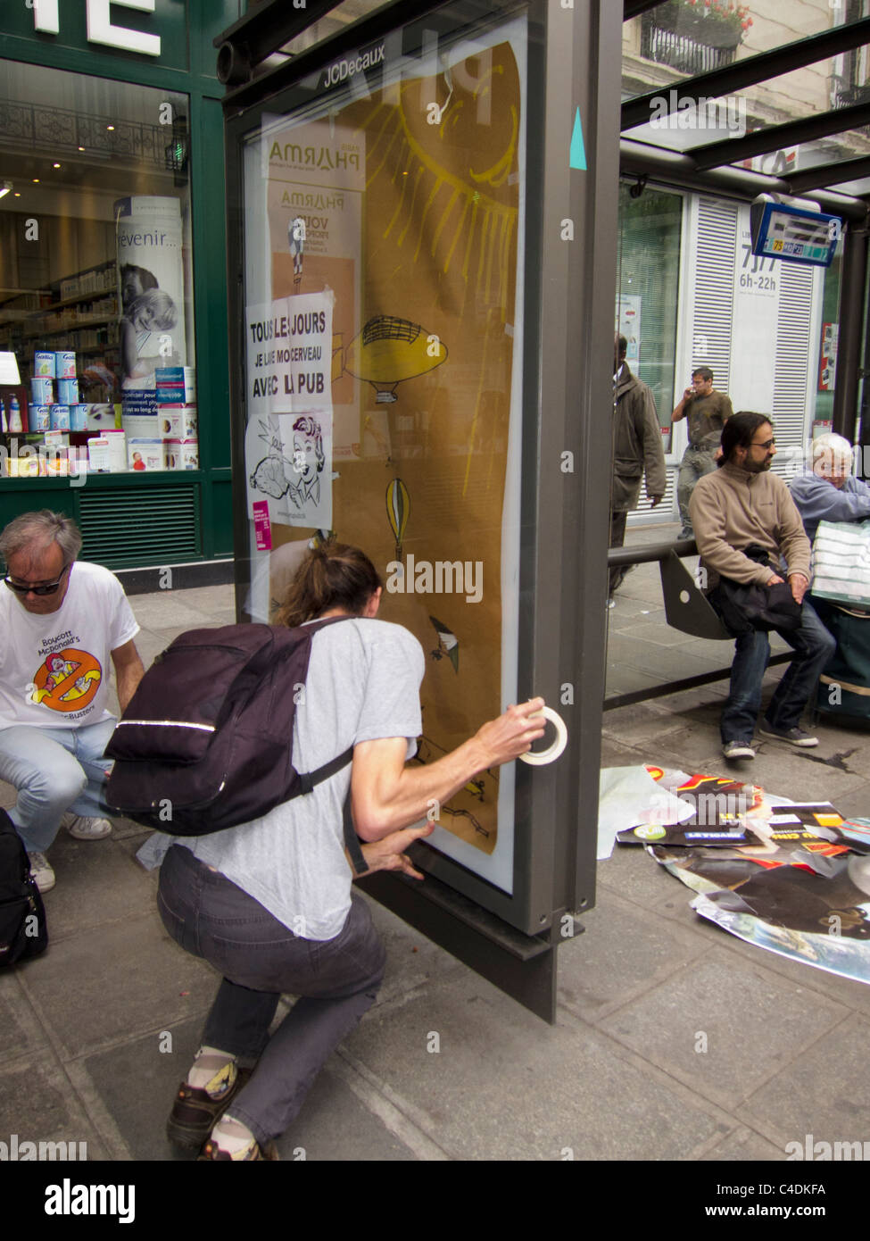 Paris, France, Demonstration Against Nuclear Power, Guerrilla Outdoor Advertising Poster, Replaced Commercial Ad on Bus Shelter, nuclear energy protest Stock Photo