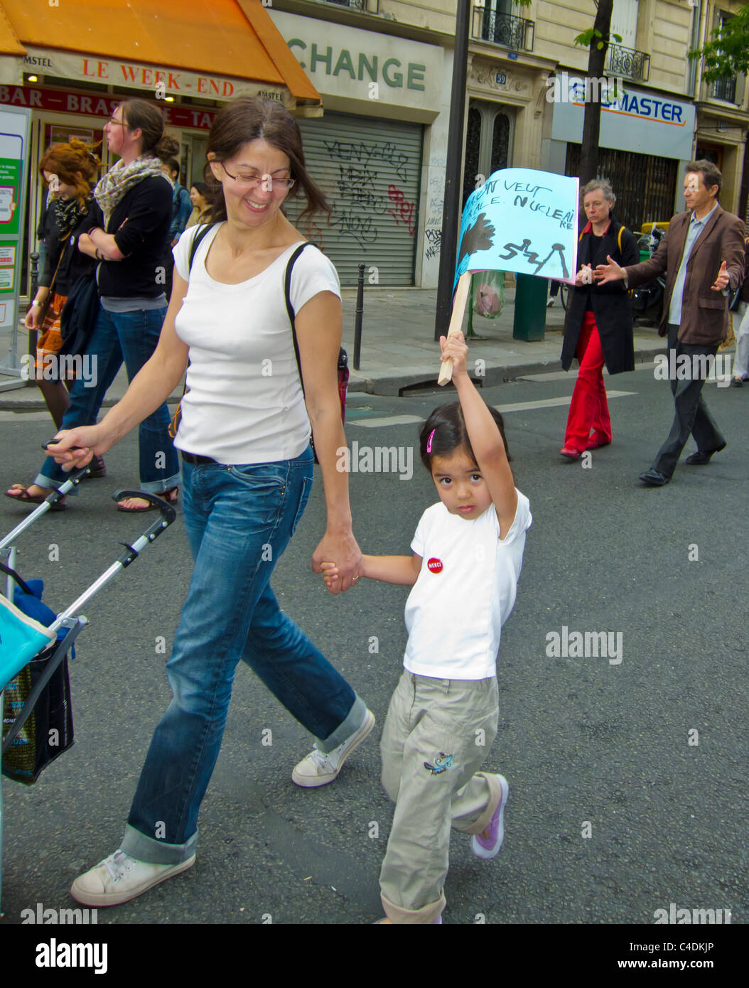 Paris, France, French Demonstration Against Nuclear Power, Families Women Marching with Children Stock Photo