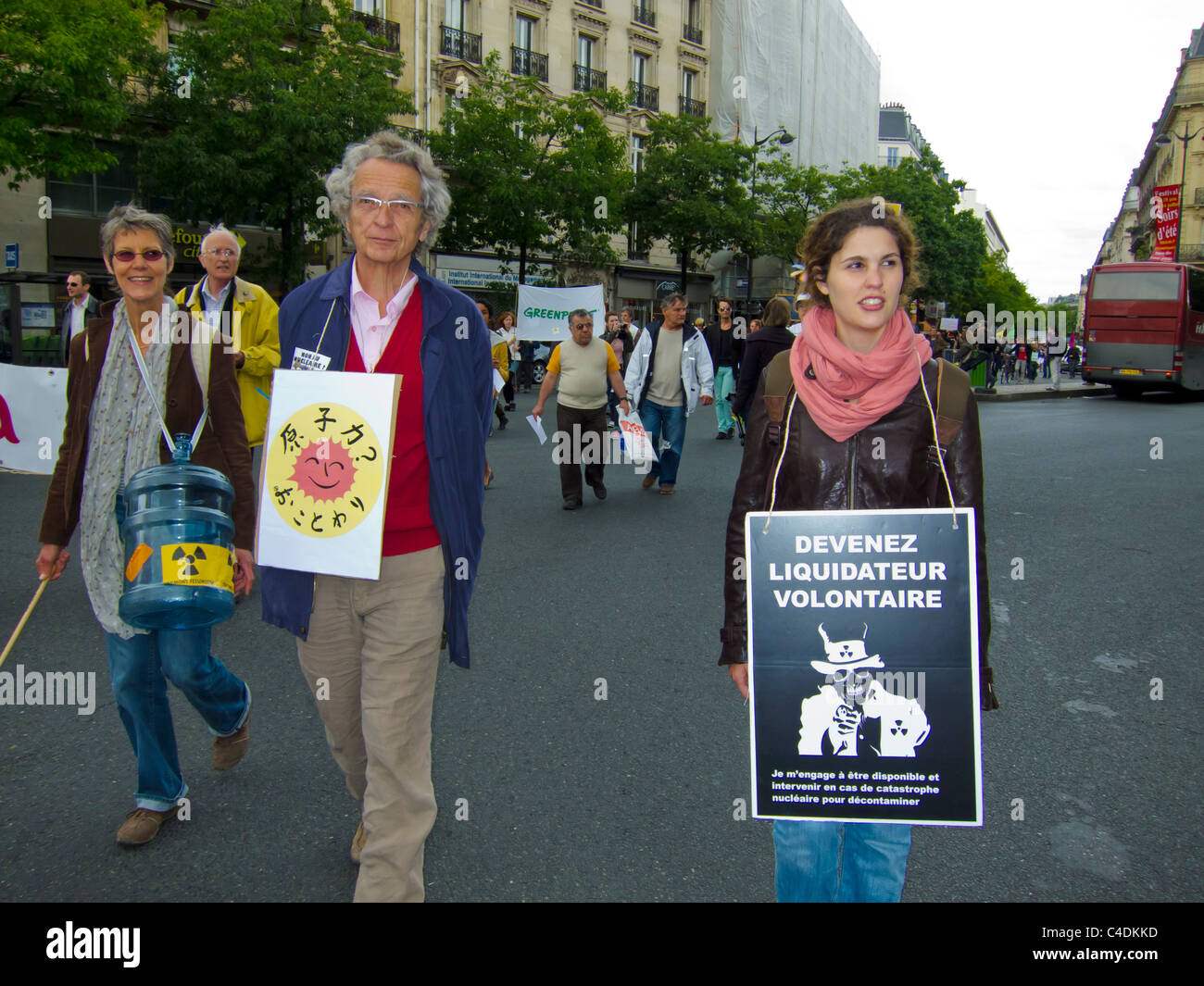 Paris, France, French Demonstration Against Nuclear Power, People Marching with Signs on Street, volunteer work man, nuclear energy protest Stock Photo