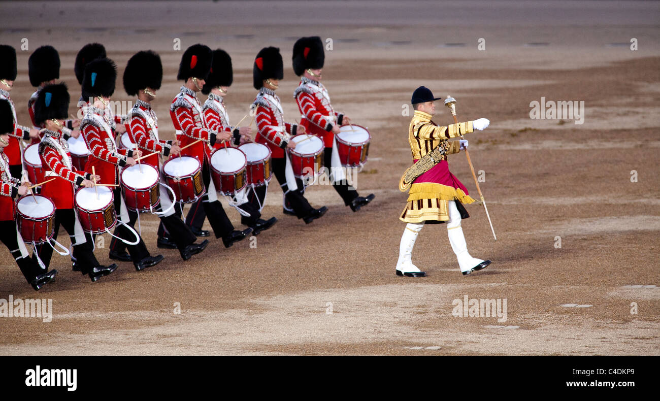 Drummers of the Massed Bands of the Household Division march and play at the annual Beating Retreat ceremony in London. Stock Photo