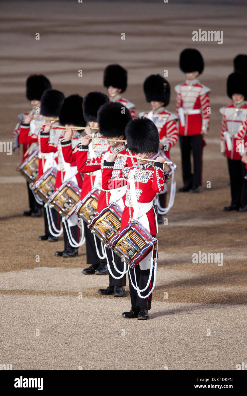 Drummers of the Massed Bands of the Household Division march and play at the annual Beating Retreat ceremony in London. Stock Photo