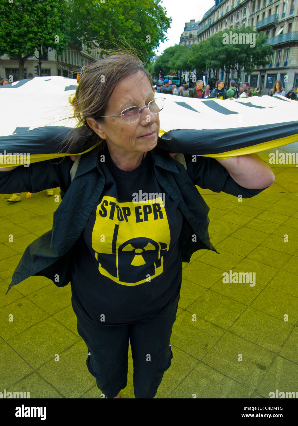 Paris, France, French Demonstration Against Nuclear Power, Portrait  Holding Huge Banner woman slogan t shirt slogans Stock Photo