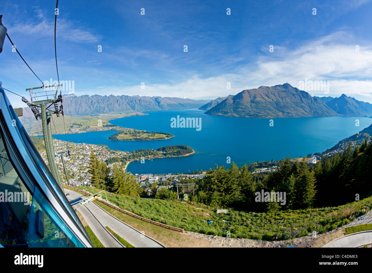 View of Queenstown and Lake Wakatipu from the Skyline Gondola Stock Photo