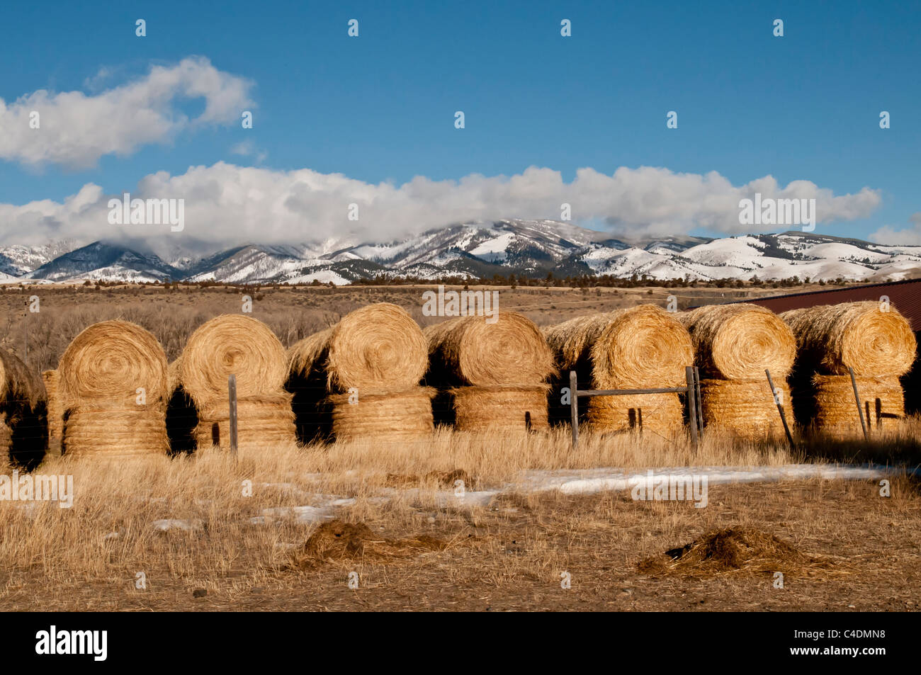 Haystacks at a ranch in the Paradise Valley of Montana. Stock Photo