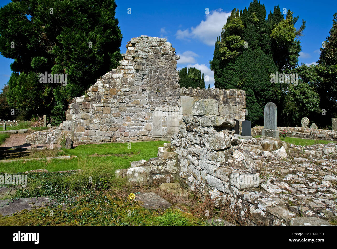 Ruins Medieval Aghalurcher Church with its 18thC, century, church Yard, Upper Lough Erne, County Fermanagh, Northern Ireland Stock Photo