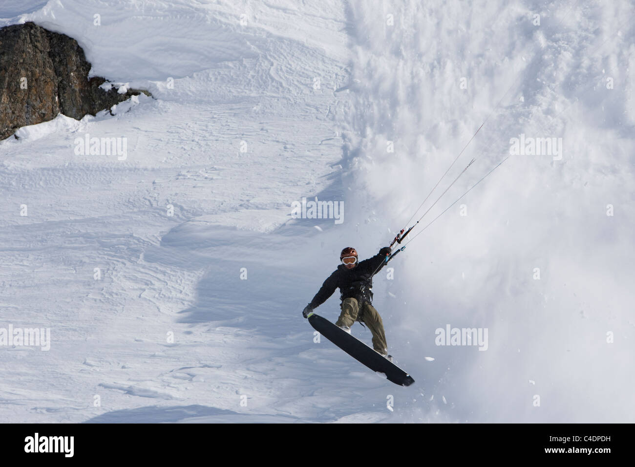Snow Kiter escapes avalanche at Thompson Pass, Alaska Stock Photo