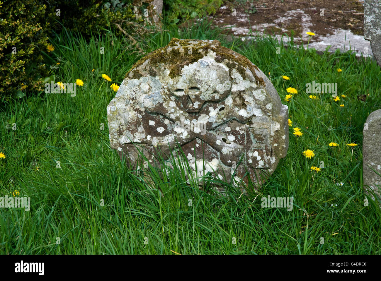 18thC Skull and Crossbones gravestone, Galloon Island Graveyard, Upper Lough Erne, County Fermanagh, Northern Ireland Stock Photo