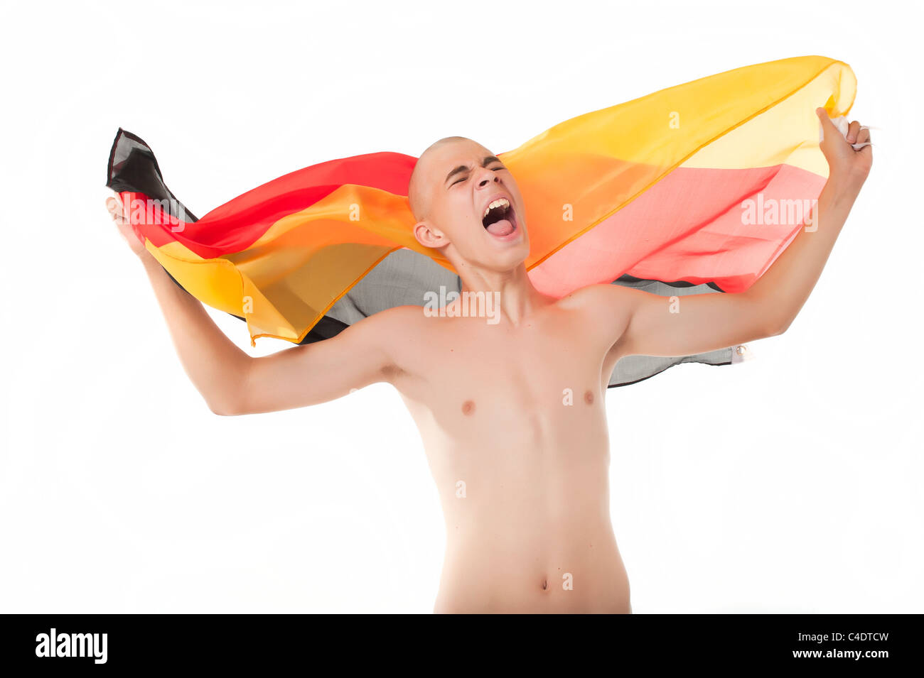 German Soccer Fan Cheering With Germany Flag Stock Photo